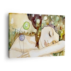 Bild auf Leinwand - Leinwandbild - Eine träumende Frau, umgeben von abstrakten Formen und Farben. - 70x50cm - Ein smaragd-violetter Traum - Moderne Wanddekoration für Wohnzimmer und Schlafzimmer ARTTOR