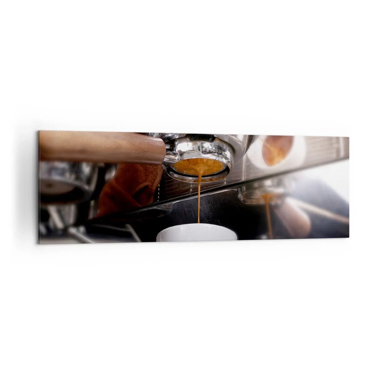 Bild auf Leinwand - Leinwandbild - Nahaufnahme einer Kaffeemaschine, die einen frischen Espresso zubereitet - 160x50cm - Gute Zeit des Tages - Moderne Wanddekoration für Wohnzimmer und Schlafzimmer ARTTOR