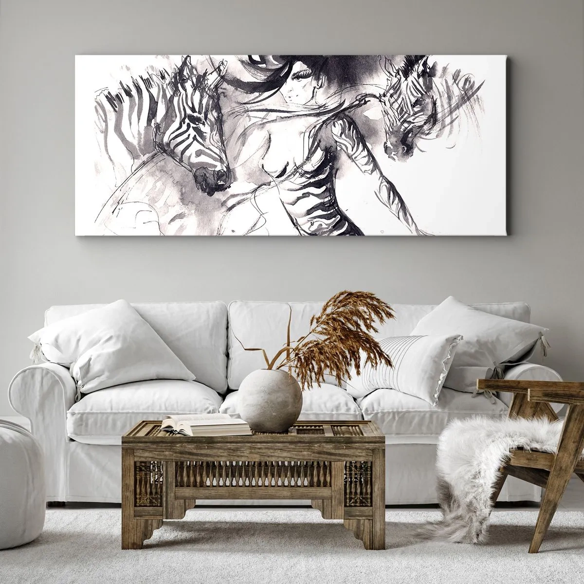 Bild auf Leinwand - Leinwandbild - Eine Frau in einem dynamischen Tanz mit Zebras in einer Schwarz-Weiß-Ästhetik - 160x50cm - Tanzen mit den Zebras - Moderne Wanddekoration für Wohnzimmer und Schlafzimmer ARTTOR