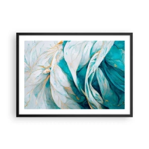 Poster in einem schwarzem Rahmen - Abstrakte blaue Blätter mit goldenen Details - 70x50cm - Blaue Abstraktion mit goldenem Motiv - Moderne Wanddekoration für Wohnzimmer und Schlafzimmer ARTTOR