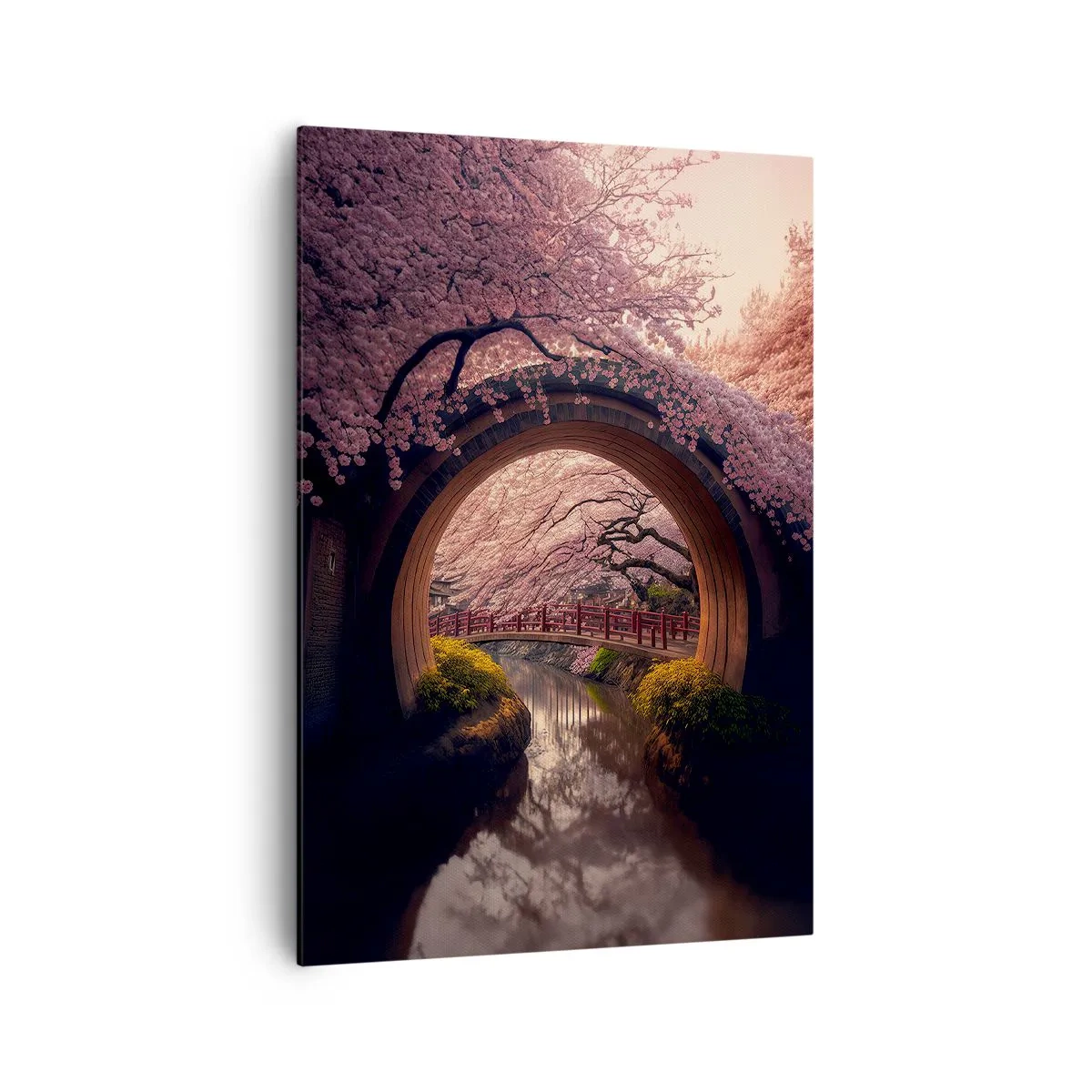 Bild auf Leinwand - Leinwandbild - Eine traditionelle japanische Brücke, umgeben von Kirschblüten - 70x100cm - Japanischer Frühling - Moderne Wanddekoration für Wohnzimmer und Schlafzimmer ARTTOR