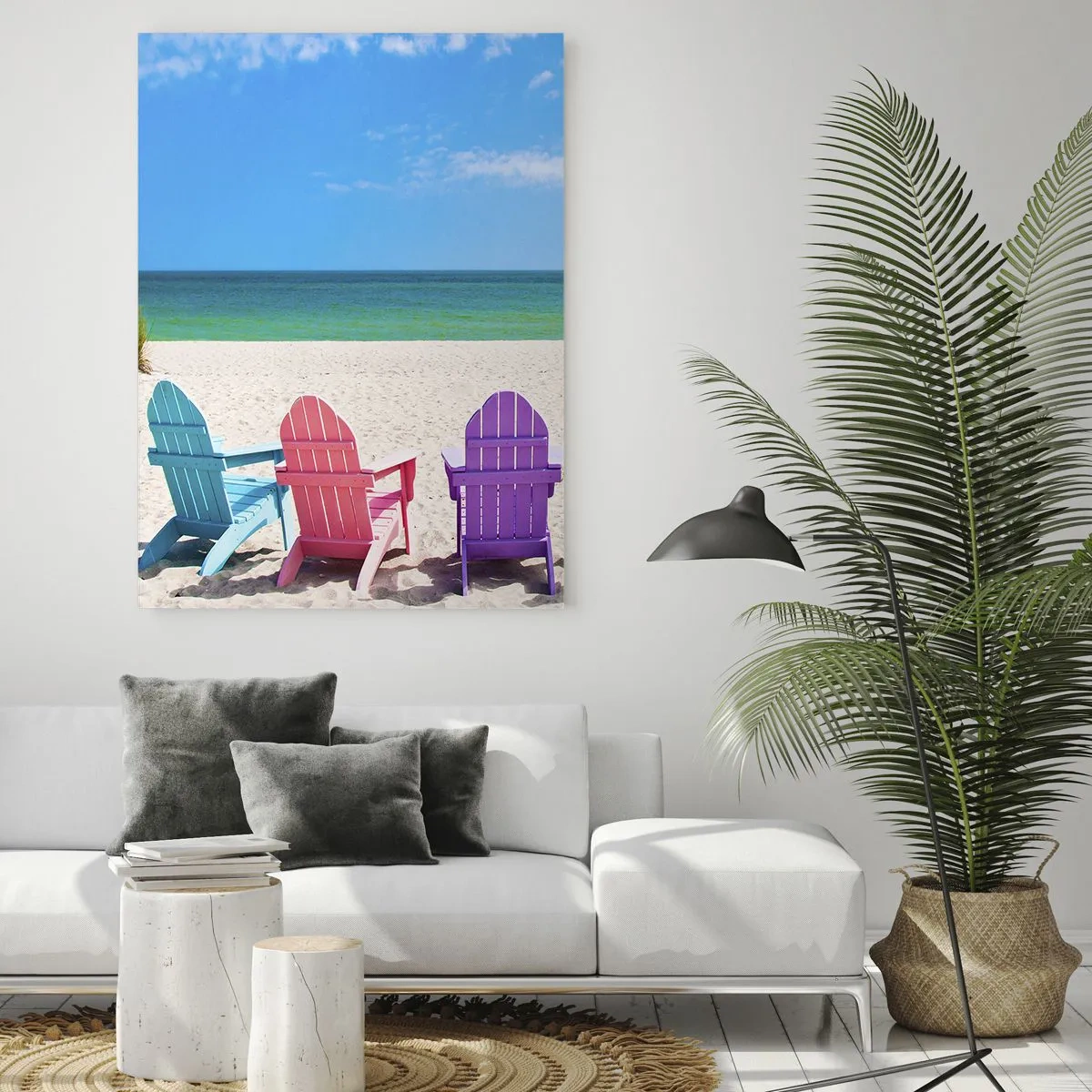 Glasbild - Bild auf glas - Bunte Liegestühle am Strand mit Blick aufs Meer - 80x120cm - Regenbogenstrand - Moderne Wanddekoration für Wohnzimmer und Schlafzimmer ARTTOR