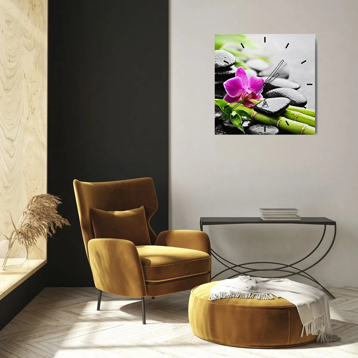 Wanduhr - Glasuhr - Lila Orchidee, schwarze Steine und Bambus in einer ruhigen Komposition - 30x30cm - In ruhiger Balance - Moderne Wanddekoration für Wohnzimmer und Schlafzimmer ARTTOR