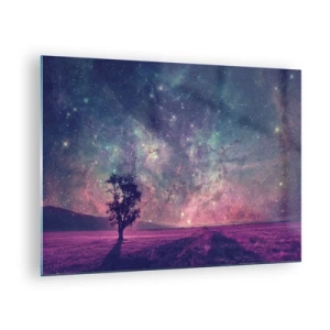Glasbild - Bild auf glas - Ein Baum vor dem Hintergrund eines Sternenhimmels und einer Galaxie - 70x50cm - Unter dem magischen Himmel - Moderne Wanddekoration für Wohnzimmer und Schlafzimmer ARTTOR