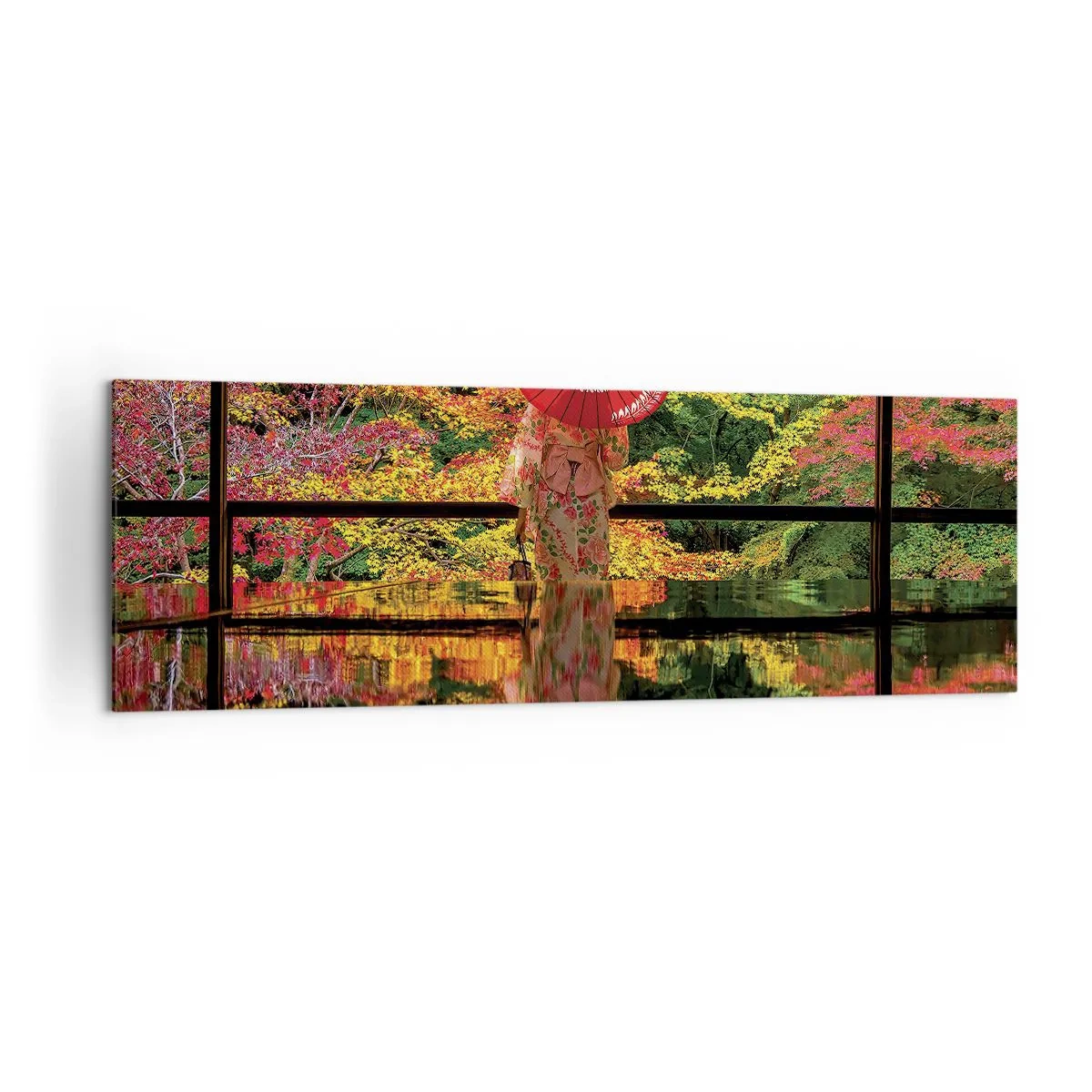 Bild auf Leinwand - Leinwandbild - Eine Frau im Kimono mit Regenschirm vor dem Hintergrund einer Herbstlandschaft. - 160x50cm - Im Tempel der Natur - Moderne Wanddekoration für Wohnzimmer und Schlafzimmer ARTTOR