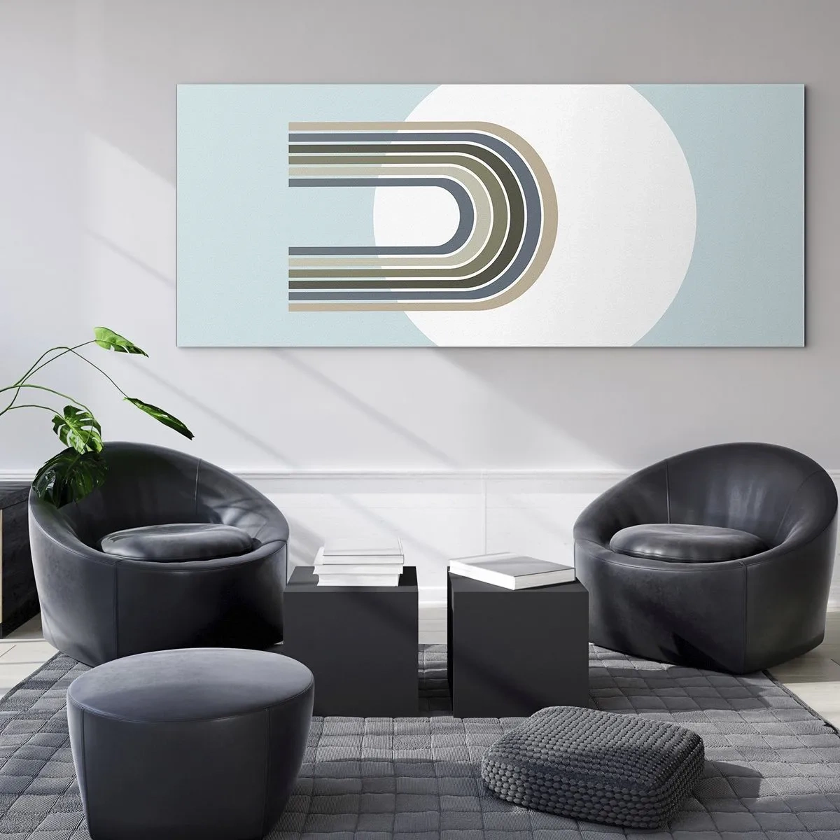 Glasbild - Bild auf glas - Eine minimalistische Komposition mit einem Kreis und Linien auf pastellfarbenem Hintergrund. - 120x50cm - Unwiderstehliche Anziehungskraft - Moderne Wanddekoration für Wohnzimmer und Schlafzimmer ARTTOR