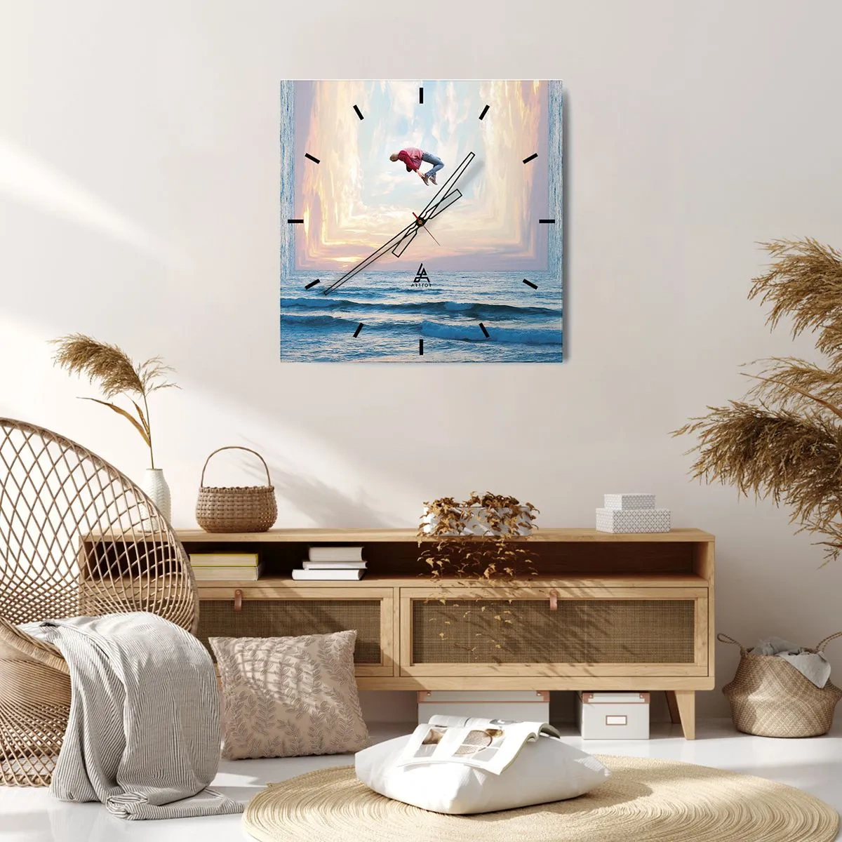 Wanduhr - Glasuhr - Surrealer Sprung über das Meer im Rahmen - 30x30cm - In eine andere Dimension - Moderne Wanddekoration für Wohnzimmer und Schlafzimmer ARTTOR