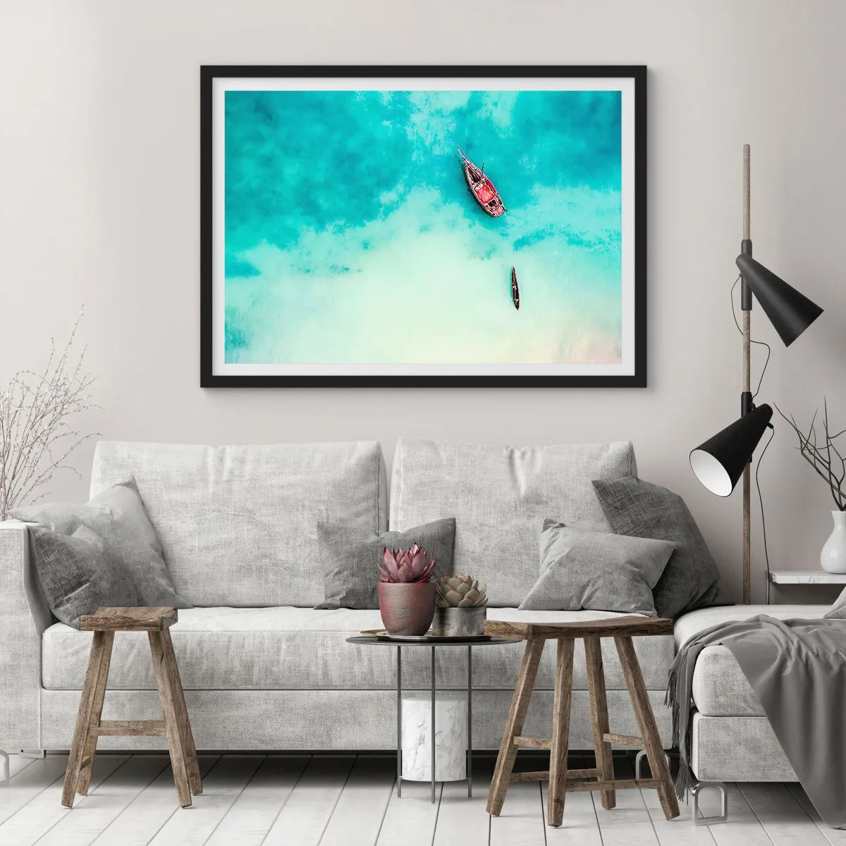 Poster in einem schwarzem Rahmen - Boote auf türkisfarbenem Wasser aus der Vogelperspektive - 70x50cm - Denn an den Stränden von Sansibar, wenn der Wasserüberschuss ... - Moderne Wanddekoration für Wohnzimmer und Schlafzimmer ARTTOR