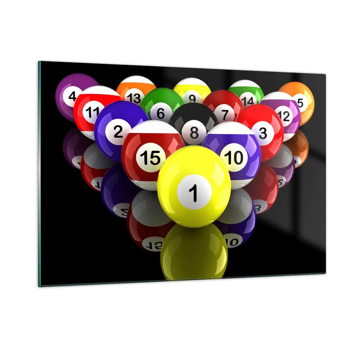 Glasbild - Bild auf glas - Bunte Billardkugeln auf schwarzem Hintergrund angeordnet - 120x80cm - Verschiedene Spielfarben - Moderne Wanddekoration für Wohnzimmer und Schlafzimmer ARTTOR