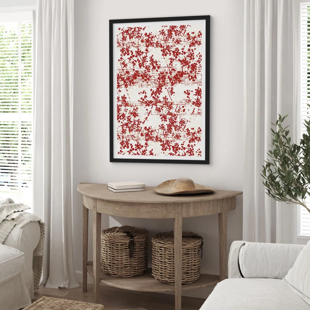 Poster in einem schwarzem Rahmen - Rote florale Akzente auf hellem Hintergrund - 50x70cm - Wie alter Perkal - Moderne Wanddekoration für Wohnzimmer und Schlafzimmer ARTTOR