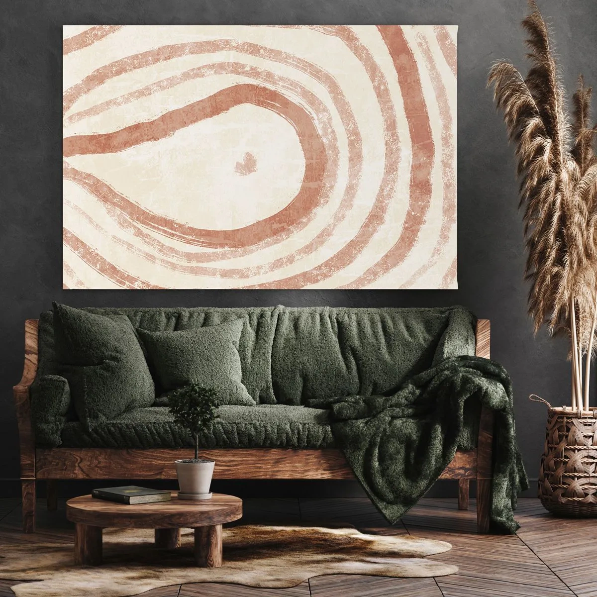 Bild auf Leinwand - Leinwandbild - Ein abstraktes Motiv aus konzentrischen Linien in Terrakotta-Tönen. - 70x50cm - Korallenkreise – Komposition - Moderne Wanddekoration für Wohnzimmer und Schlafzimmer ARTTOR