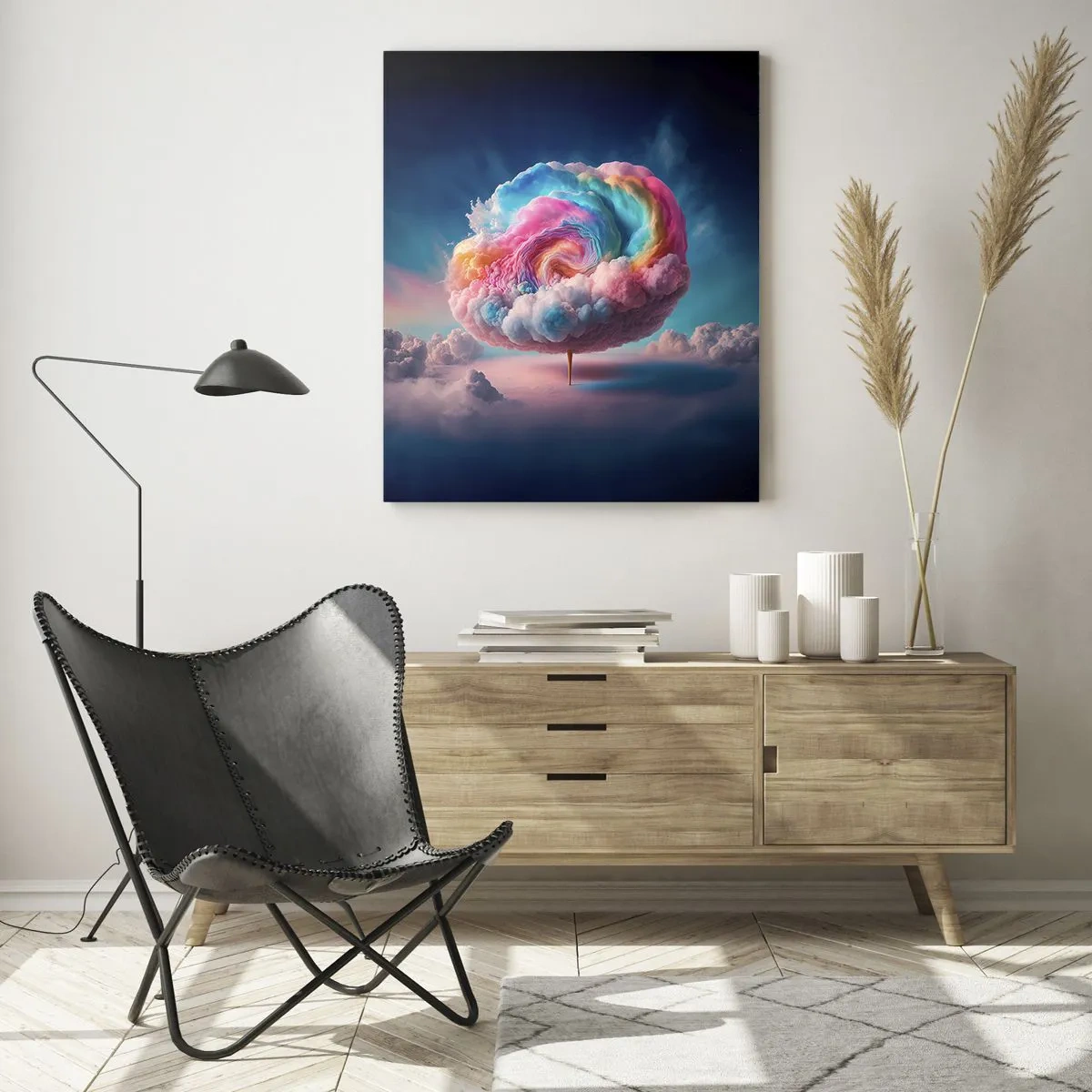 Glasbild - Bild auf glas - Eine spiralförmige Wolke mit Pastellfarben am Himmel - 70x100cm - Traum von einem Vergnügungspark - Moderne Wanddekoration für Wohnzimmer und Schlafzimmer ARTTOR