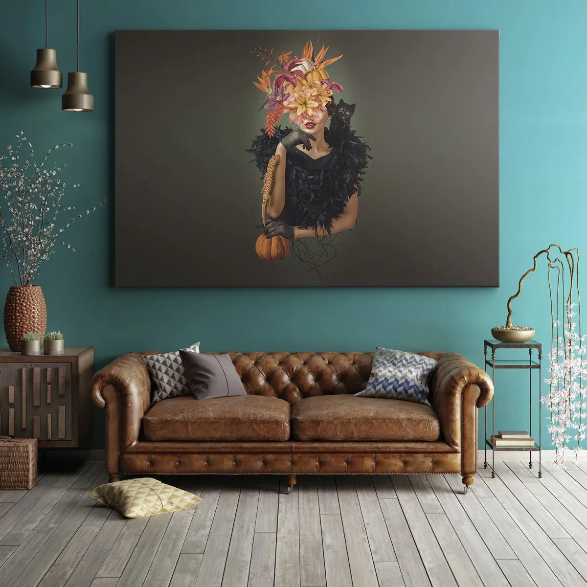 Bild auf Leinwand - Leinwandbild - Frauenbildnis mit Herbstmotiven und Katze - 100x70cm - Der Zauber einer Hexe - Moderne Wanddekoration für Wohnzimmer und Schlafzimmer ARTTOR