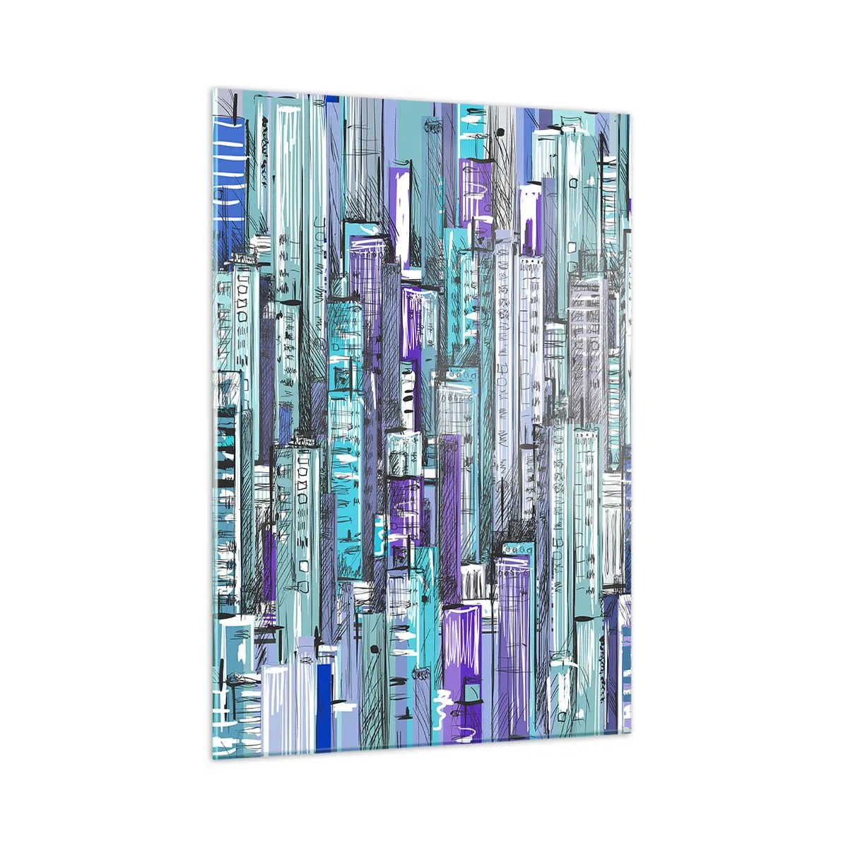 Glasbild - Bild auf glas - Illustration einer Stadt voller Wolkenkratzer in kühlen Farbtönen - 50x70cm - Bläulich von dem Himmel - Moderne Wanddekoration für Wohnzimmer und Schlafzimmer ARTTOR