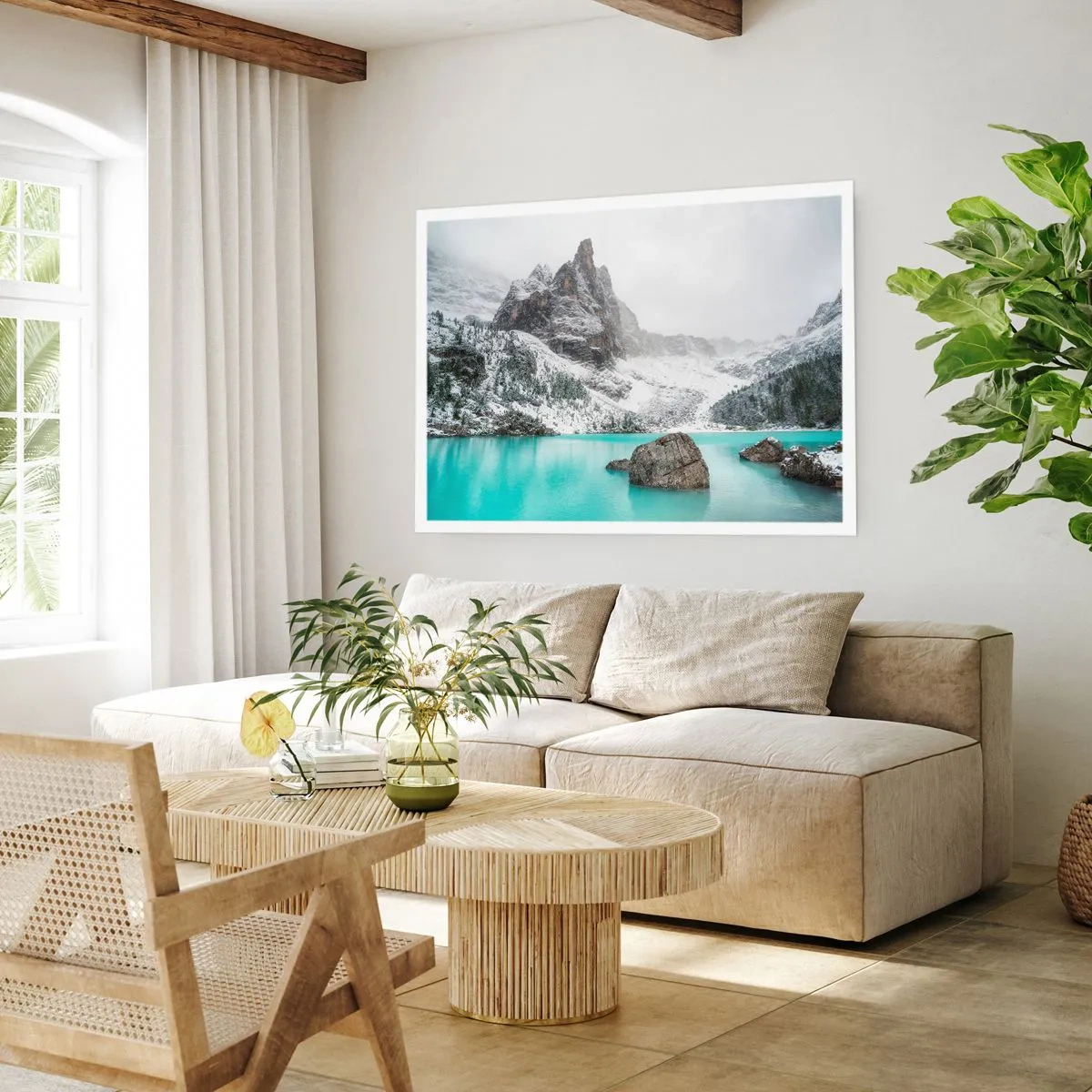 Poster - Eine Berglandschaft mit einem See, umgeben von schneebedeckten Gipfeln - 100x70cm - Auf der Hut - Moderne Wanddekoration für Wohnzimmer und Schlafzimmer ARTTOR