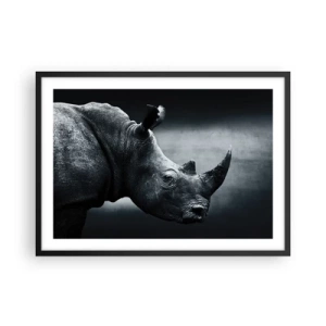 Poster in einem schwarzem Rahmen - Schwarz-Weiß-Porträt eines Nashorns vor dunklem Hintergrund - 70x50cm - Richtiges Profil - Moderne Wanddekoration für Wohnzimmer und Schlafzimmer ARTTOR