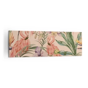 Bild auf Leinwand - Leinwandbild - Flamingos und tropische Blumen auf hellem Hintergrund - 160x50cm - Rosa Ballett in Blumen - Moderne Wanddekoration für Wohnzimmer und Schlafzimmer ARTTOR