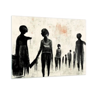 Glasbild - Bild auf glas - Schwarze Figuren in Bewegung auf hellem Hintergrund mit roter Textur - 70x50cm - Gegen die Einsamkeit - Moderne Wanddekoration für Wohnzimmer und Schlafzimmer ARTTOR