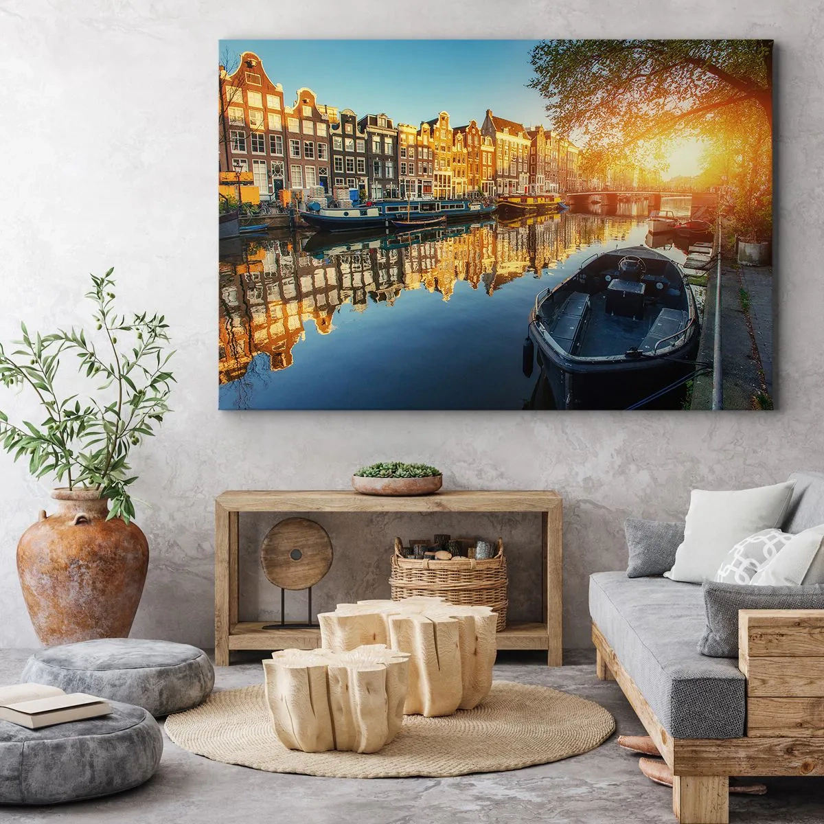 Bild auf Leinwand - Leinwandbild - Amsterdamer Kanal bei Sonnenuntergang - 120x80cm - Morgen in Amsterdam - Moderne Wanddekoration für Wohnzimmer und Schlafzimmer ARTTOR