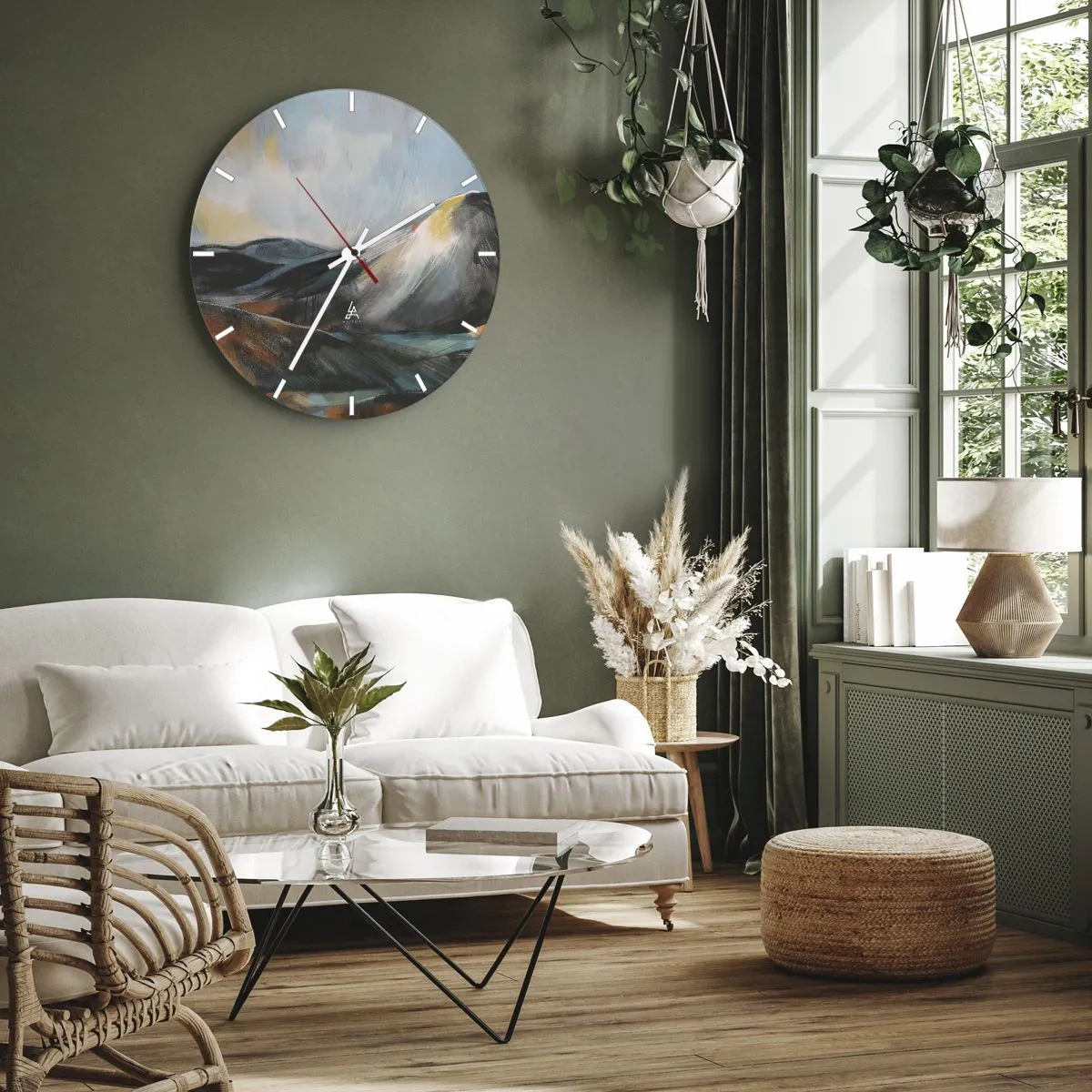 Wanduhr - Glasuhr - Eine malerische Berglandschaft in warmen Farben - 30x30cm - Roh und schön - Moderne Wanddekoration für Wohnzimmer, Küche und Schlafzimmer ARTTOR