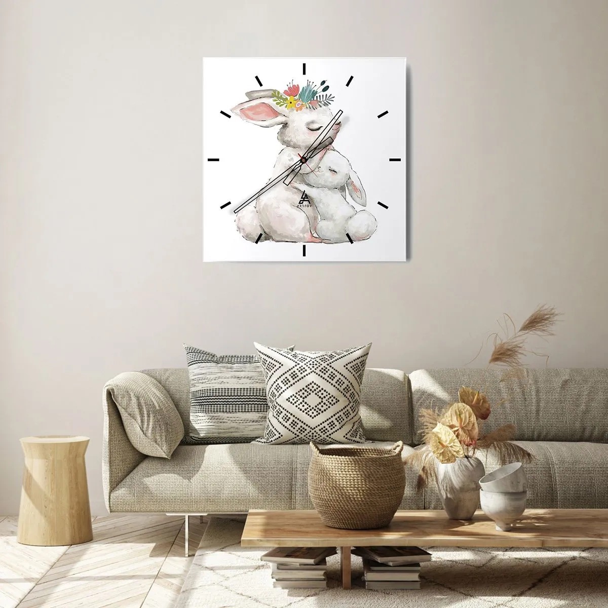 Wanduhr - Glasuhr - Niedliche Kaninchen in Pastellfarben - 30x30cm - Bei Mama ist's am schönsten - Moderne Wanddekoration für Wohnzimmer und Schlafzimmer ARTTOR