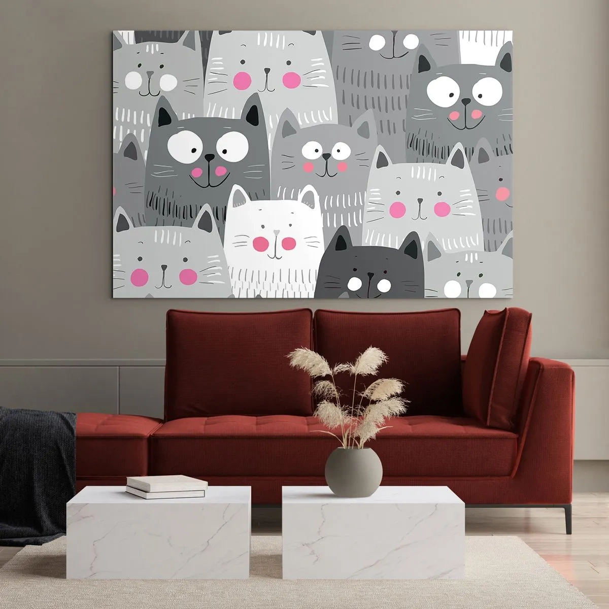 Glasbild - Bild auf glas - Lustige Katzen in grauen Farben auf weißem Hintergrund - 120x80cm - Katzenwelt - Moderne Wanddekoration für Wohnzimmer und Schlafzimmer ARTTOR