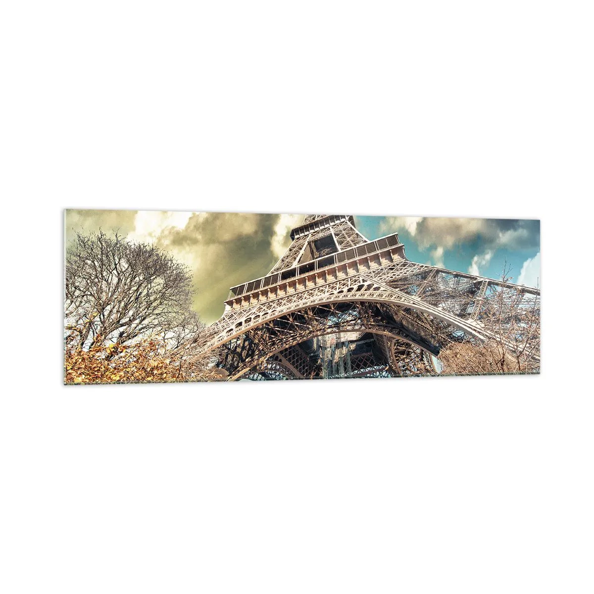 Glasbild - Bild auf glas - Der Eiffelturm von unten in herbstlicher Kulisse - 160x50cm - Und im Herbst in Paris ... - Moderne Wanddekoration für Wohnzimmer und Schlafzimmer ARTTOR