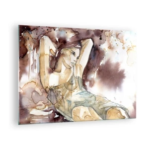 Glasbild - Bild auf glas - Sinnliche Frau in einem künstlerischen Sepia-Aquarell - 70x50cm - In lila Stimmung - Moderne Wanddekoration für Wohnzimmer und Schlafzimmer ARTTOR