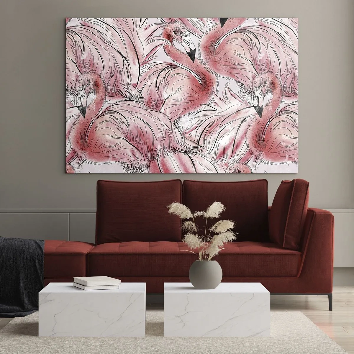 Glasbild - Bild auf glas - Rosa Flamingos im dekorativen Cartoon-Stil - 70x50cm - Bird Corps de Ballet - Moderne Wanddekoration für Wohnzimmer und Schlafzimmer ARTTOR