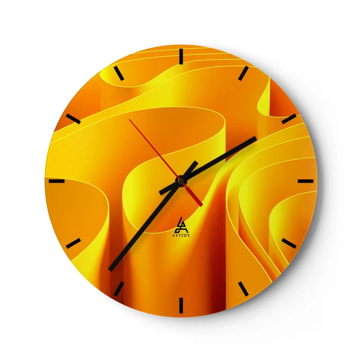 Wanduhr - Glasuhr - Abstrakte goldene Formen, die Lichtwellen ähneln - 30x30cm - Wie Sonnenwellen - Moderne Wanddekoration für Wohnzimmer, Küche und Schlafzimmer ARTTOR