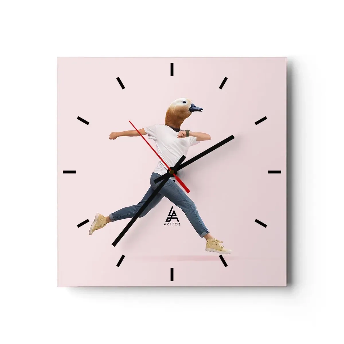 Wanduhr - Glasuhr - Eine surrealistische Figur mit einem Entenkopf in Bewegung - 30x30cm - Eine Prise Absurdität - Moderne Wanddekoration für Wohnzimmer und Schlafzimmer ARTTOR