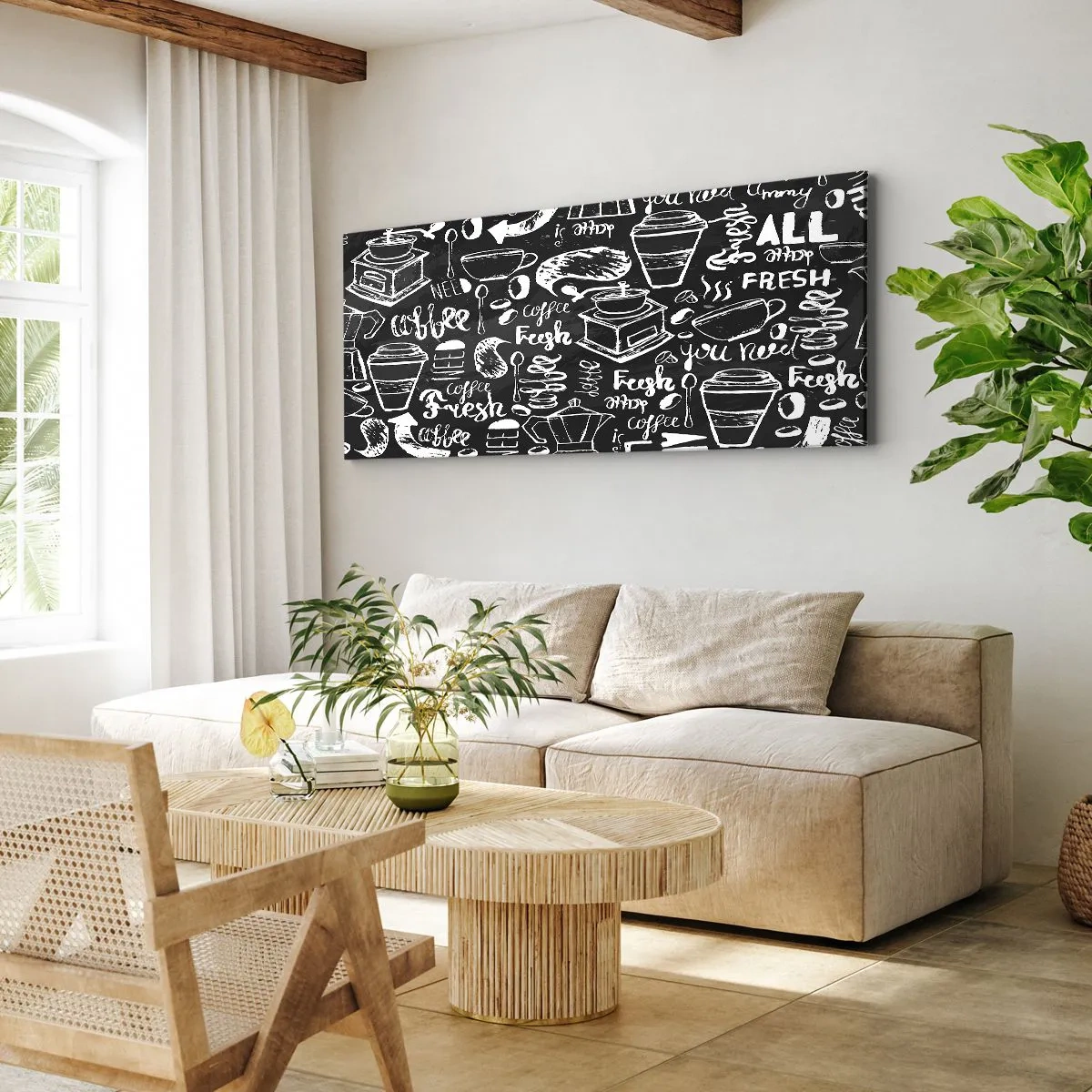 Bild auf Leinwand - Leinwandbild - Stilvolle Kaffeegrafik auf schwarzem Hintergrund - 120x50cm - Alles was Sie brauchen ist… - Moderne Wanddekoration für Wohnzimmer und Schlafzimmer ARTTOR