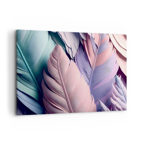 Bild auf Leinwand - Leinwandbild - Bunte Federn in Pastelltönen auf hellem Hintergrund - 120x80cm - Vogel-Chic - Moderne Wanddekoration für Wohnzimmer und Schlafzimmer ARTTOR