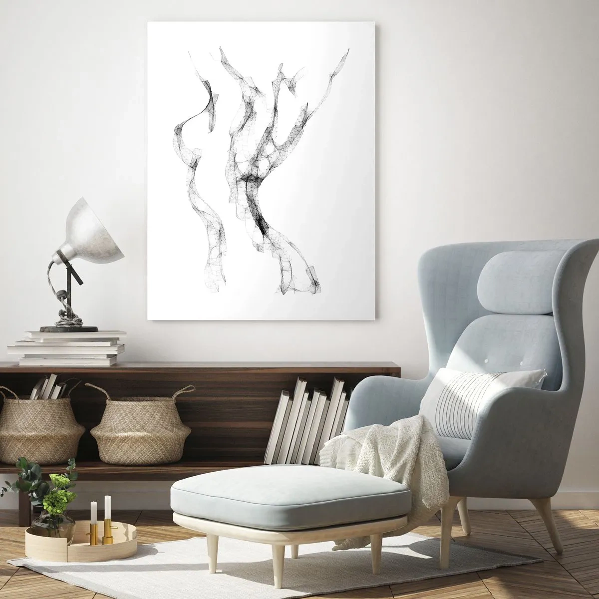 Glasbild - Bild auf glas - Zarte, abstrakte Linien, die Rauchfahnen ähneln, auf hellem Hintergrund - 70x100cm - Schön und stark - Moderne Wanddekoration für Wohnzimmer und Schlafzimmer ARTTOR