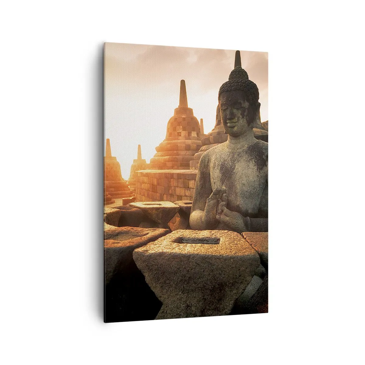 Bild auf Leinwand - Leinwandbild - Buddha-Statue im Borobudur-Tempel bei Sonnenuntergang - 80x120cm - Wetter der großen Weisheit - Moderne Wanddekoration für Wohnzimmer und Schlafzimmer ARTTOR