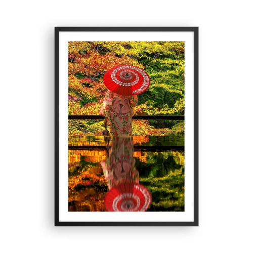 Poster in einem schwarzem Rahmen - Eine Frau im Kimono mit einem roten Regenschirm vor einem Hintergrund aus Herbstblättern. - 50x70cm - Im Tempel der Natur - Moderne Wanddekoration für Wohnzimmer und Schlafzimmer ARTTOR