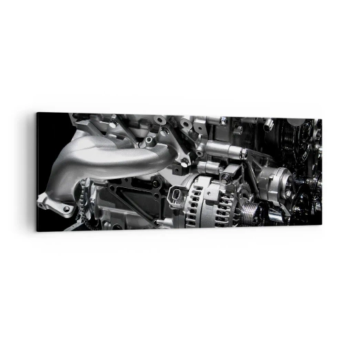 Bild auf Leinwand - Leinwandbild - Nahaufnahme von metallischen Motorteilen auf schwarzem Hintergrund - 140x50cm - Stahl, schön, stark - Moderne Wanddekoration für Wohnzimmer und Schlafzimmer ARTTOR
