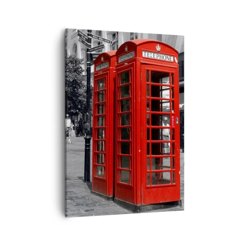 Bild auf Leinwand - Leinwandbild - Rote Telefonzellen vor einer schwarz-weißen Stadtkulisse. - 50x70cm - Rote Telefonzellen - Moderne Wanddekoration für Wohnzimmer und Schlafzimmer ARTTOR
