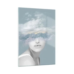 Glasbild - Bild auf glas - Das Gesicht einer Frau verschmilzt in einer surrealen Vision mit Himmel und Wolken. - 50x70cm - Mit dem Kopf in den Wolken - Moderne Wanddekoration für Wohnzimmer und Schlafzimmer ARTTOR