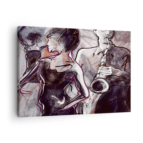 Bild auf Leinwand - Leinwandbild - Abstrakte Jazzszene mit einem Saxophonisten und einer tanzenden Frau. - 70x50cm - In der Musik auflösen - Moderne Wanddekoration für Wohnzimmer und Schlafzimmer ARTTOR