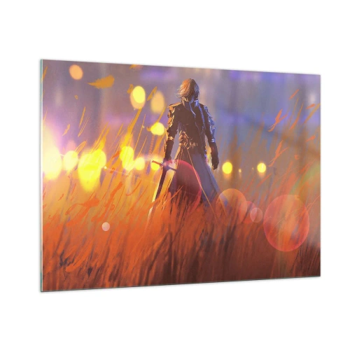 Glasbild - Bild auf glas - Eine Figur in Rüstung inmitten orangefarbenen Grases vor leuchtendem Hintergrund. - 100x70cm - Fahrender Ritter - Moderne Wanddekoration für Wohnzimmer und Schlafzimmer ARTTOR