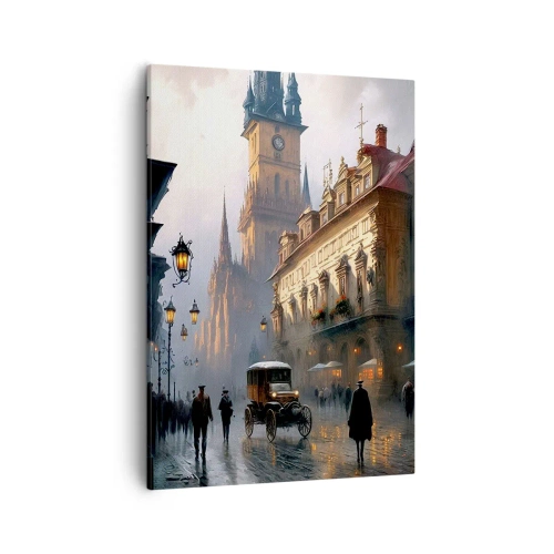 Bild auf Leinwand - Leinwandbild - Abendliche Straßenszene mit historischer Architektur - 50x70cm - Charme eines Prager Abends - Moderne Wanddekoration für Wohnzimmer und Schlafzimmer ARTTOR