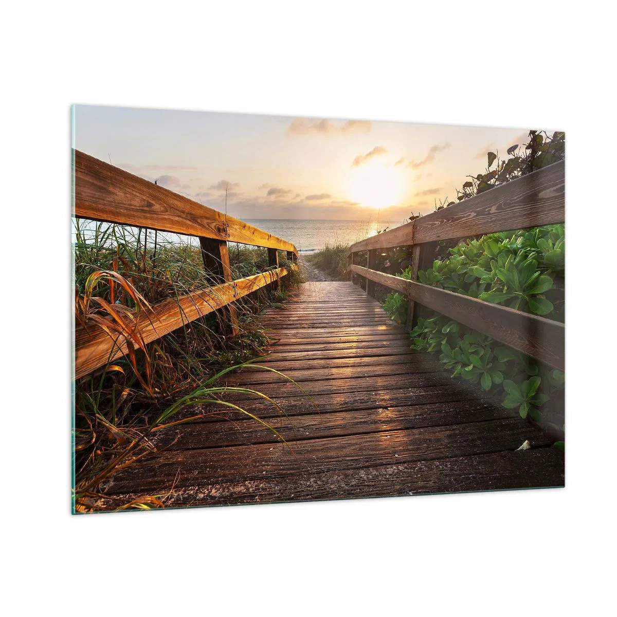 Glasbild - Bild auf glas - Holzsteg zum Strand bei Sonnenuntergang - 100x70cm - Und direkt ans Ufer - Moderne Wanddekoration für Wohnzimmer und Schlafzimmer ARTTOR