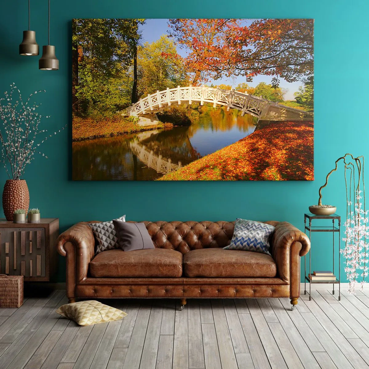 Bild auf Leinwand - Leinwandbild - Eine Brücke in einem Park, umgeben von Herbstlaub über ruhigem Wasser - 70x50cm - Auf der weißen Seufzerbrücke - Moderne Wanddekoration für Wohnzimmer und Schlafzimmer ARTTOR