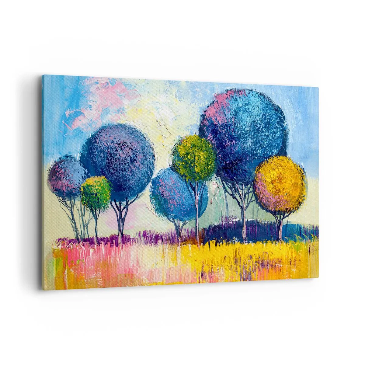 Bild auf Leinwand - Leinwandbild - Bunte kugelförmige Bäume vor dem Hintergrund einer Landschaft - 120x80cm - Kugel - die Form des Ideals - Moderne Wanddekoration für Wohnzimmer und Schlafzimmer ARTTOR