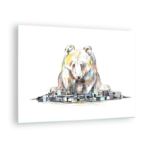 Glasbild - Bild auf glas - Ein Bär, der in einer künstlerischen Komposition die Stadt betrachtet - 70x50cm - Wie kann man so leben? - Moderne Wanddekoration für Wohnzimmer und Schlafzimmer ARTTOR