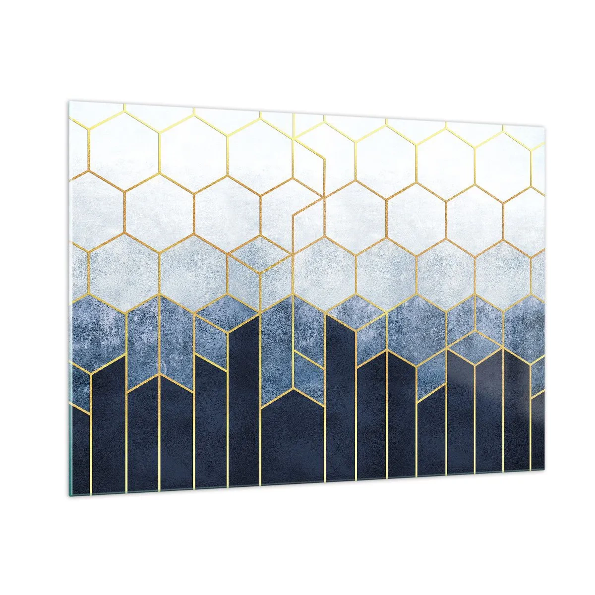 Glasbild - Bild auf glas - Geometrisches Muster in Gold- und Marineblautönen - 100x70cm - Komposition im synkopischen Rhythmus - Moderne Wanddekoration für Wohnzimmer und Schlafzimmer ARTTOR
