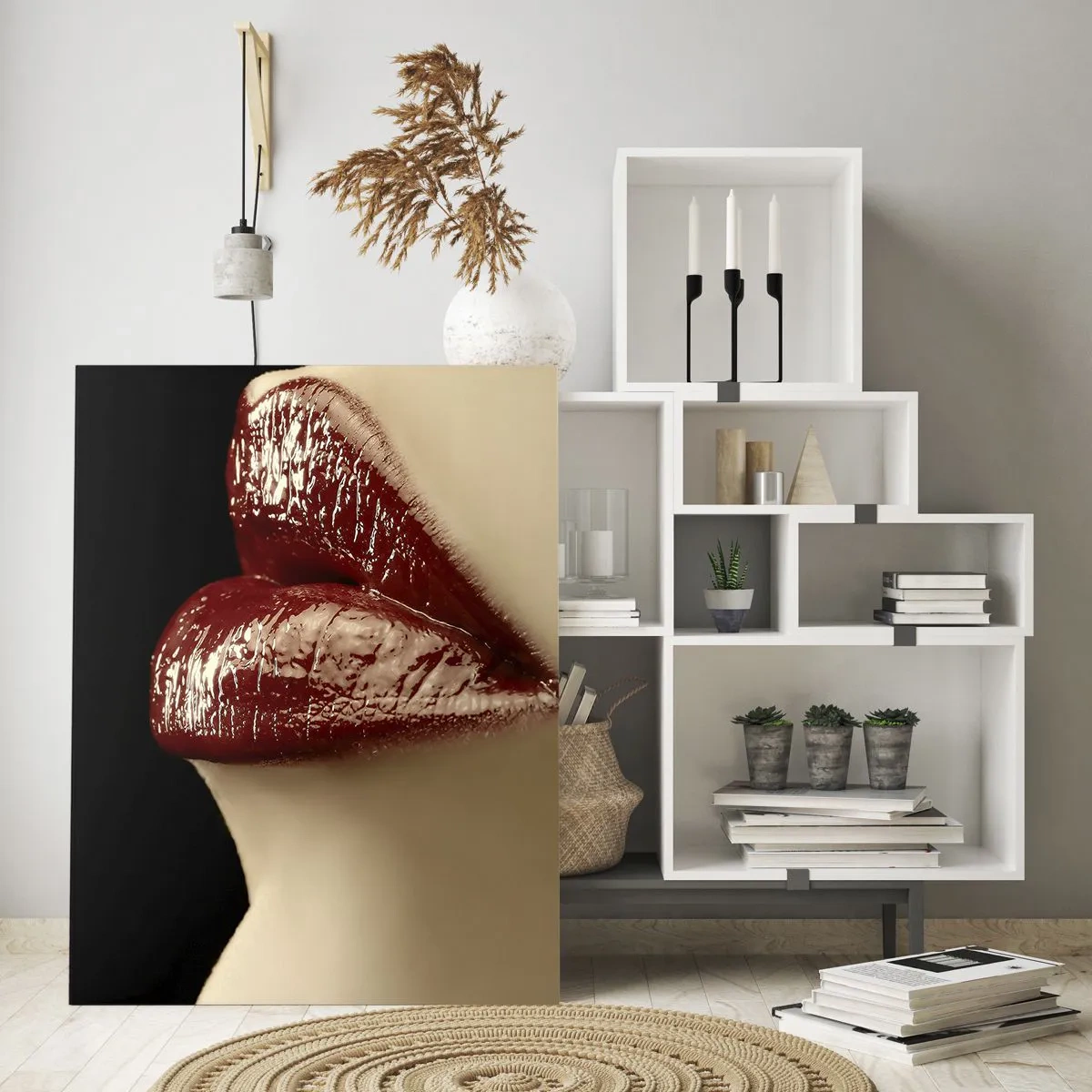 Glasbild - Bild auf glas - Sinnliche Lippen mit karminrotem Lippenstift auf dunklem Hintergrund - 50x70cm - Sinnlichkeit und Brillanz von Karmin - Moderne Wanddekoration für Wohnzimmer und Schlafzimmer ARTTOR