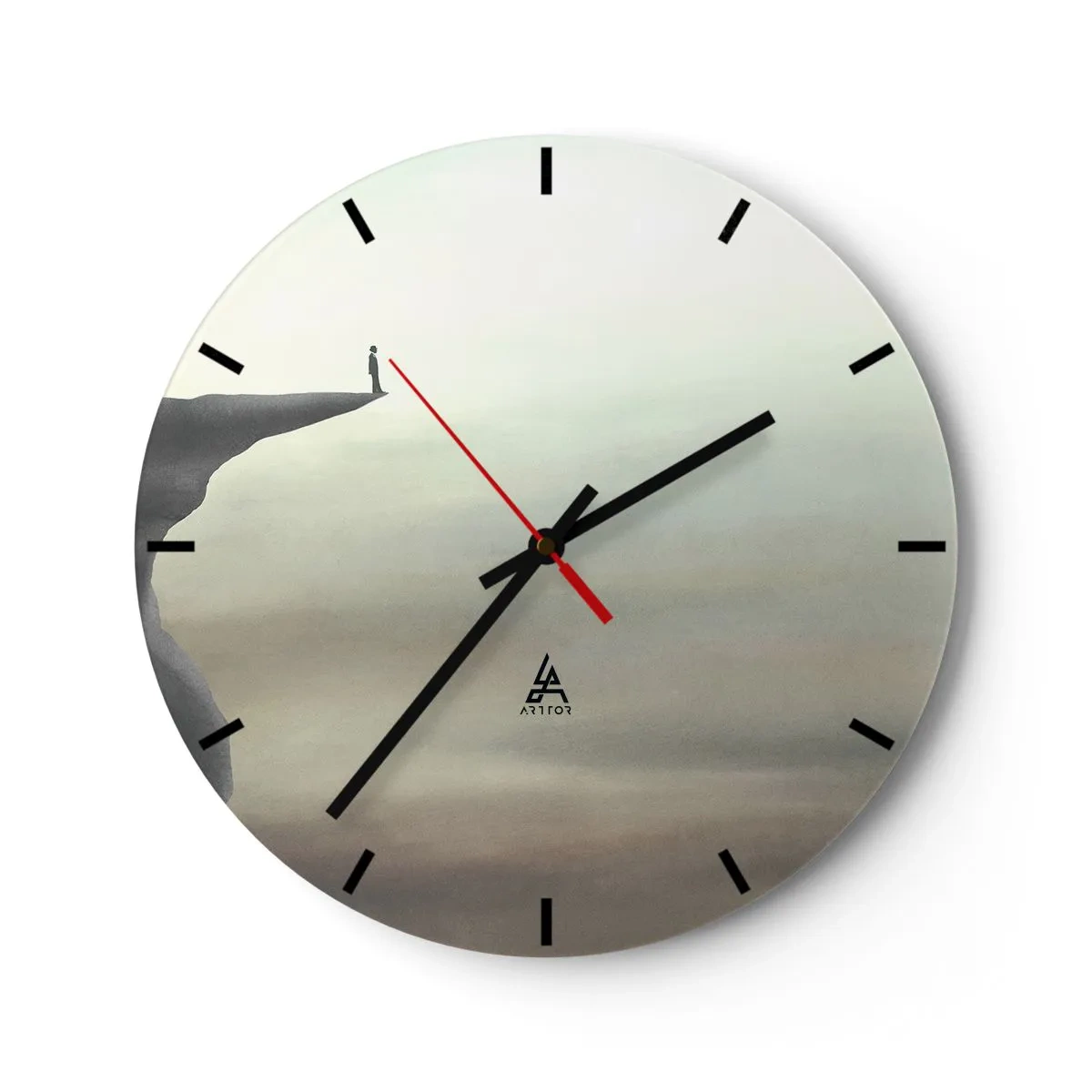 Wanduhr - Glasuhr - Eine Figur, die am Rand einer Klippe in einer minimalistischen Landschaft steht - 30x30cm - Nach oben, natürlich! - Moderne Wanddekoration für Wohnzimmer, Küche und Schlafzimmer ARTTOR