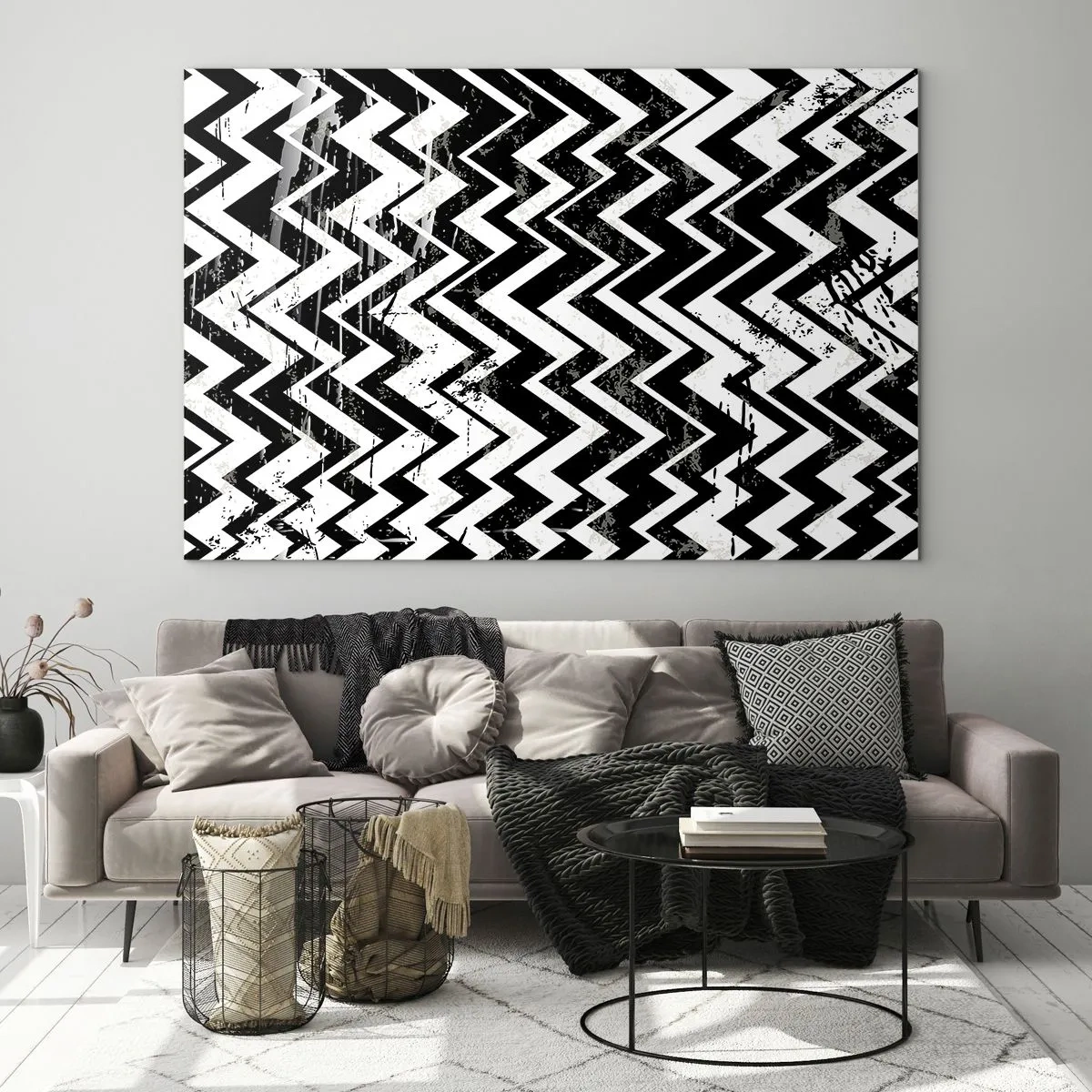 Glasbild - Bild auf glas - Ein schwarz-weißes Zickzackmuster mit dynamischer Komposition und Textur. - 70x50cm - Zick-weiß, Zack-schwarz - Moderne Wanddekoration für Wohnzimmer und Schlafzimmer ARTTOR